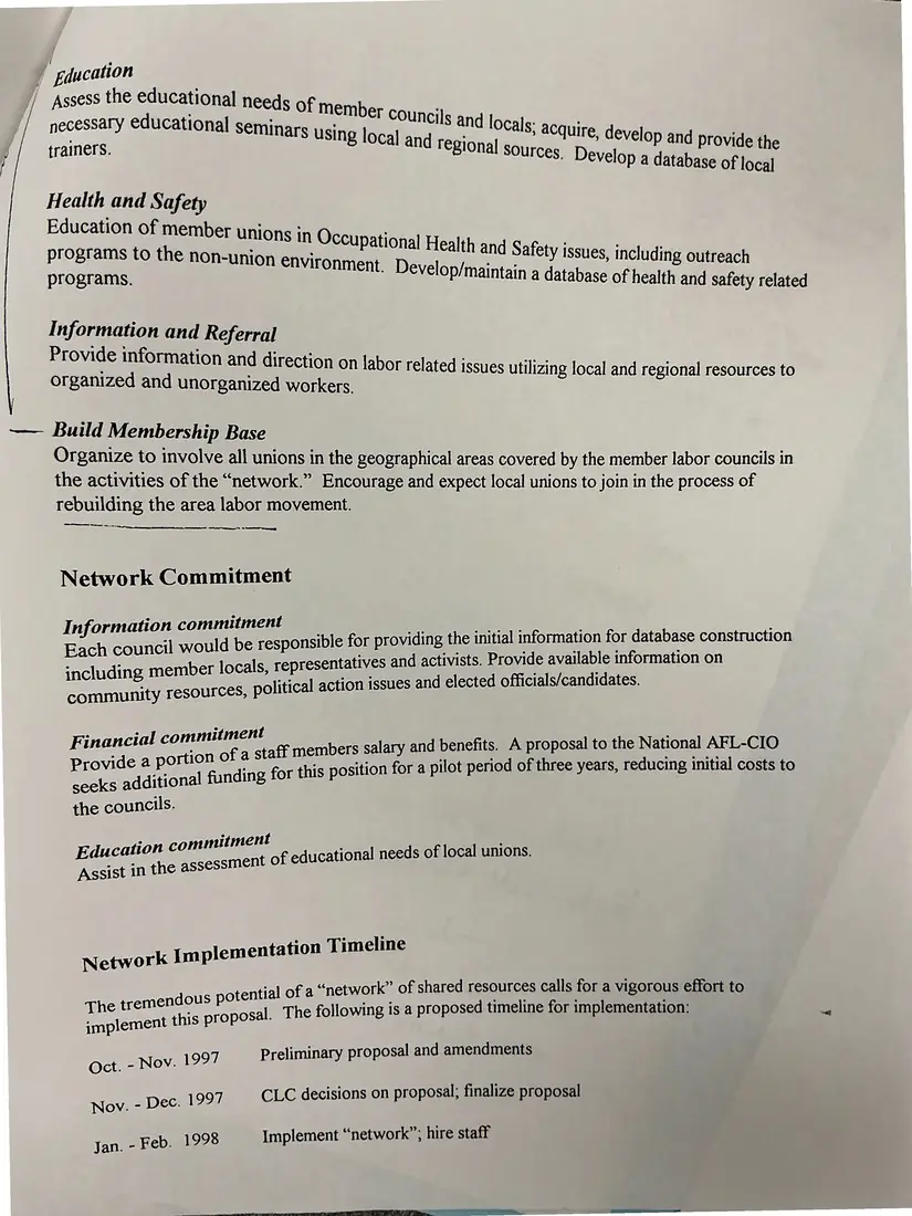 Photograph of a proposal: “Central Labor Council Network” proposal (annotated draft), page 2.