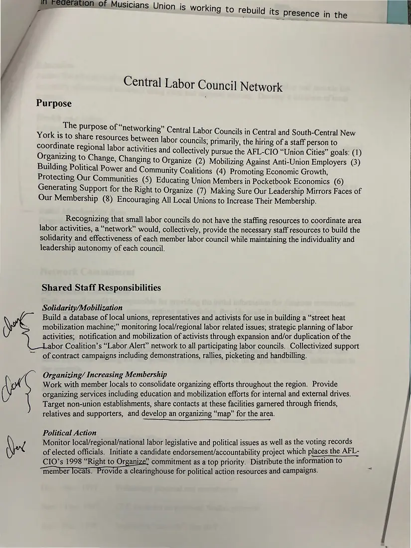 Photograph of a proposal: “Central Labor Council Network” proposal (annotated draft), page 1.
