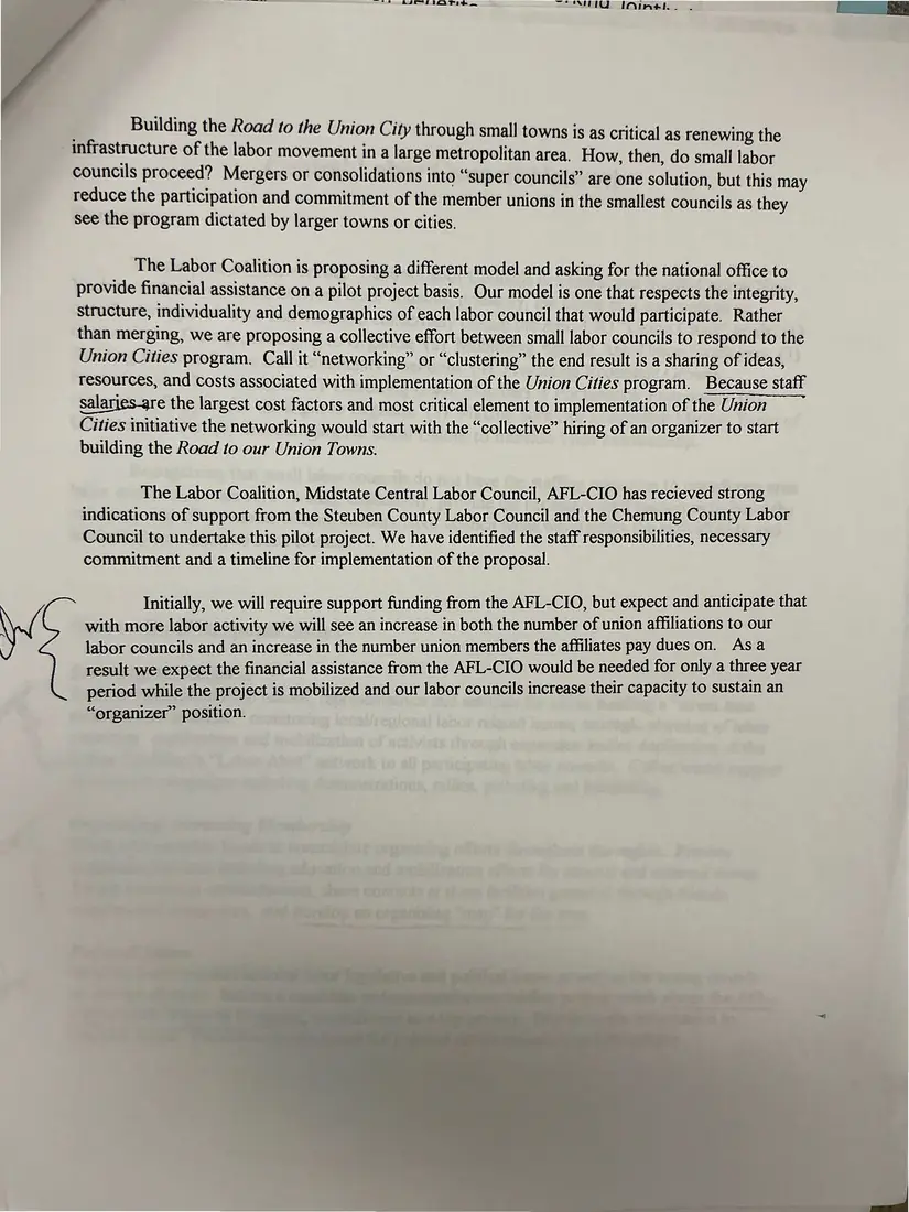 Photograph of a proposal: “'Union Cities' Network Proposal for Small Central Labor Councils”, page 2.
