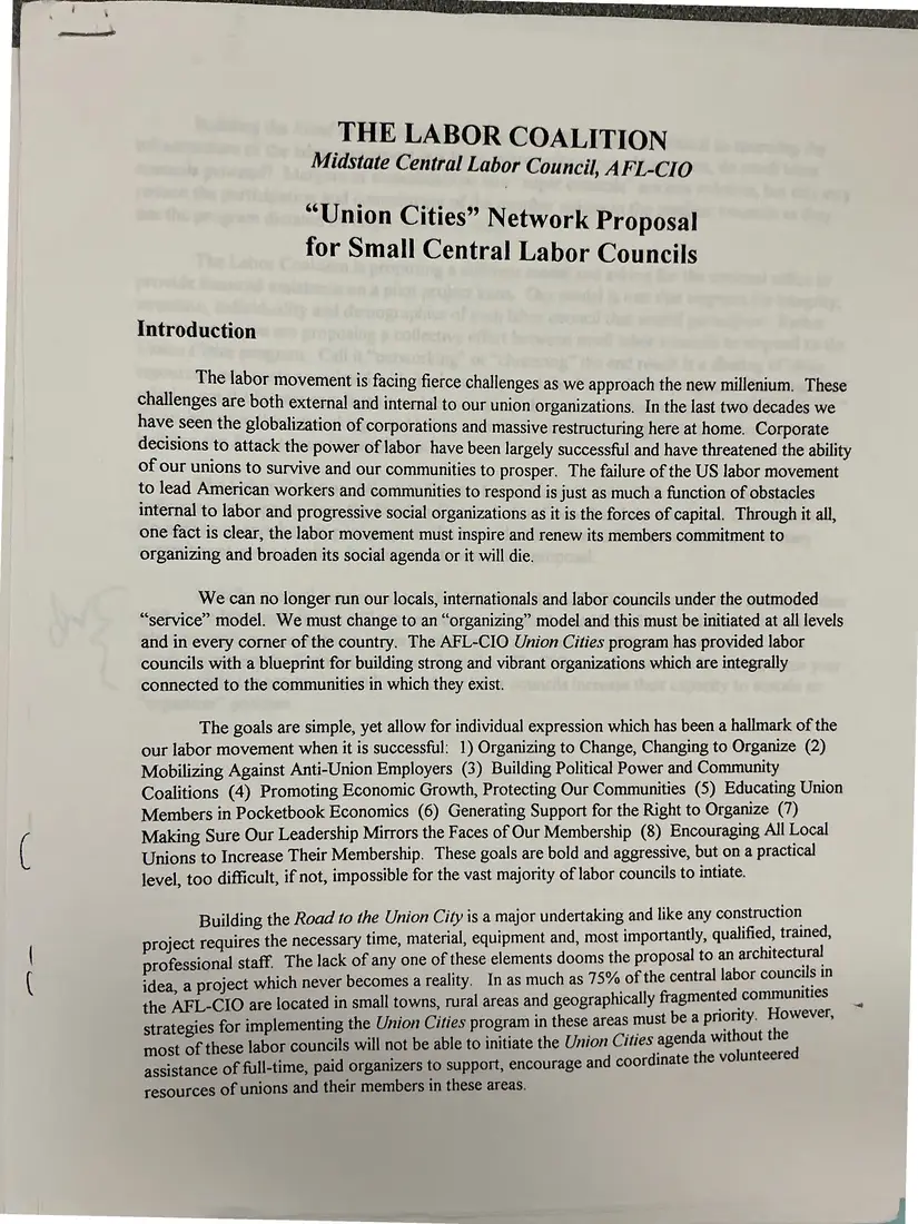Photograph of a proposal: “'Union Cities' Network Proposal for Small Central Labor Councils”, page 1.