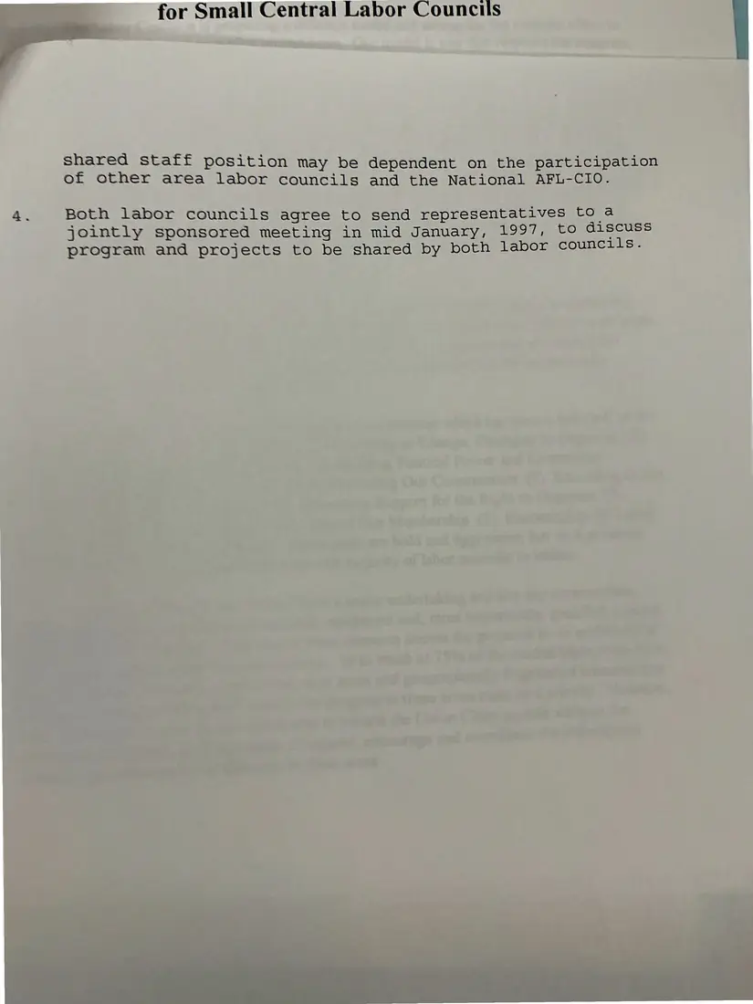 Photograph of a draft agreement: Joint resolution between the Steuben County and Midstate central labor councils, page 2.