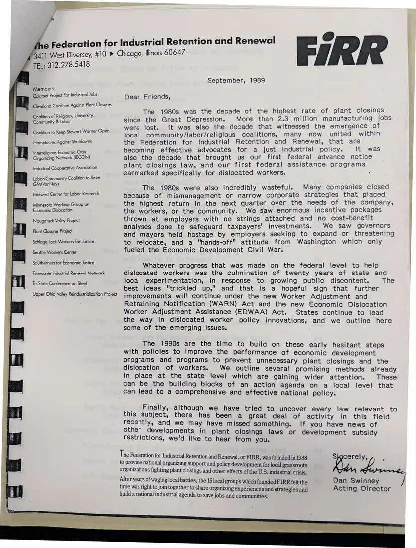 Photograph of a letter: Federation for Industrial Retention and Renewal letter to friends, page 1.