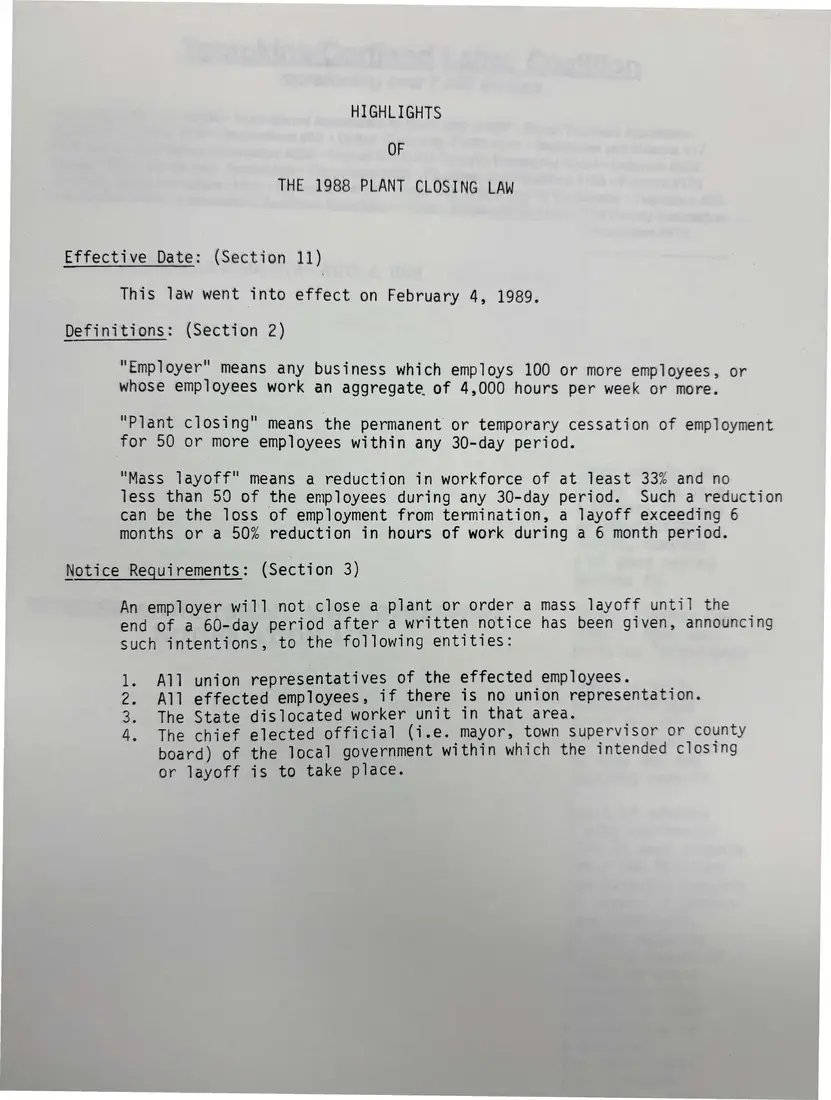 Photograph of a fact sheet: “Highlights of the 1988 Plant Closing Law”, page 1.