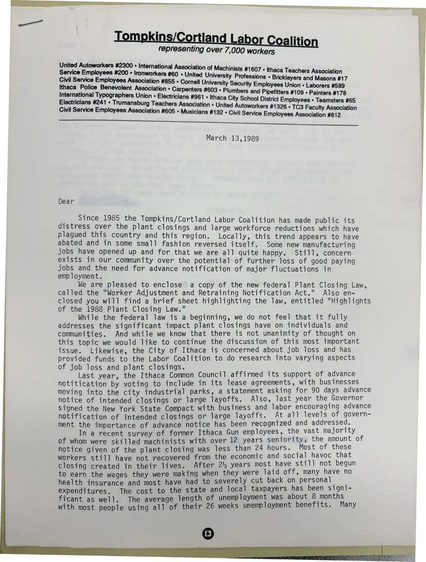 Photograph of a letter: Letter to Ithaca-area businesses on the new federal plant closing law, page 1.