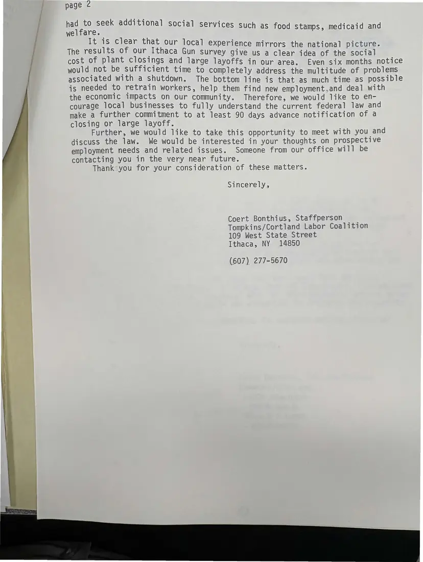 Photograph of a letter: Letter to Ithaca-area businesses on the new federal plant closing law, page 2.