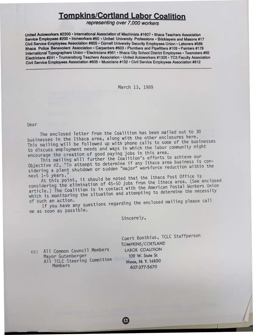Photograph of a letter: Cover letter on the mailing to 30 businesses, page 1.