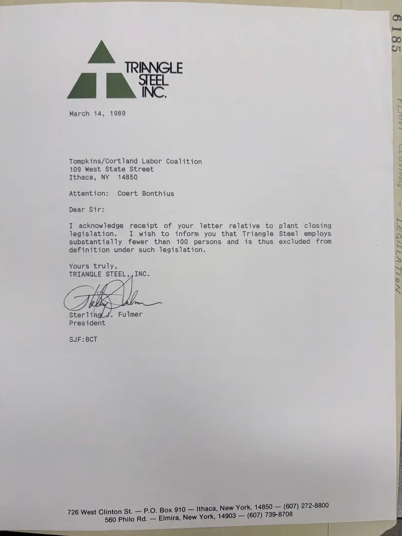 Photograph of a letter: Triangle Steel's reply, page 1.