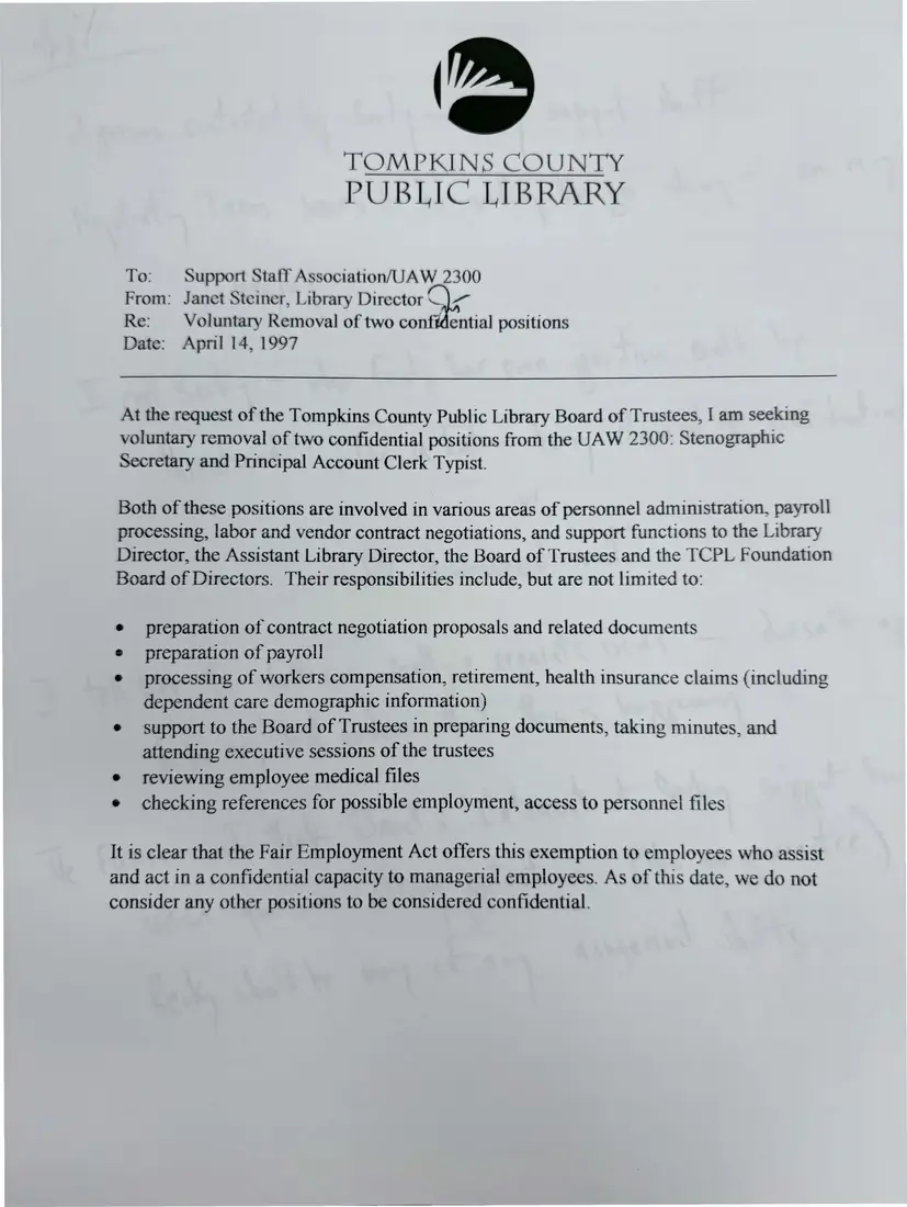 Photograph of a memorandum: Library memo on removing two confidential positions from the UAW 2300 unit, with job descriptions, page 1.