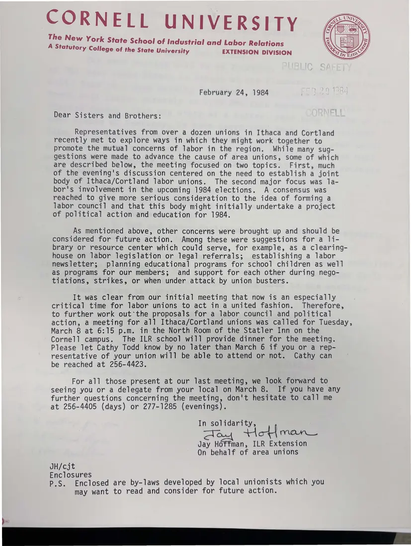 Photograph of a letter: Jay Hoffman, Cornell ILR Extension, to area unions on forming a joint labor body, page 1.