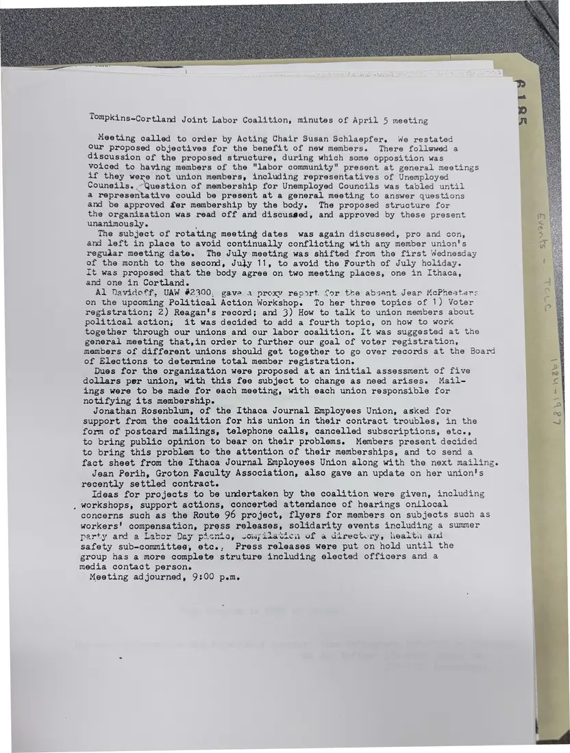 Photograph of a meeting minutes: Minutes of the April 5 meeting, Tompkins-Cortland Joint Labor Coalition, page 1.