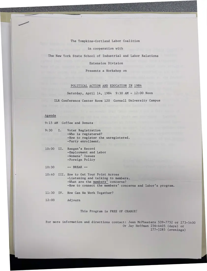 Photograph of a flyer: “Political Action and Education in 1984”: workshop program, page 1.