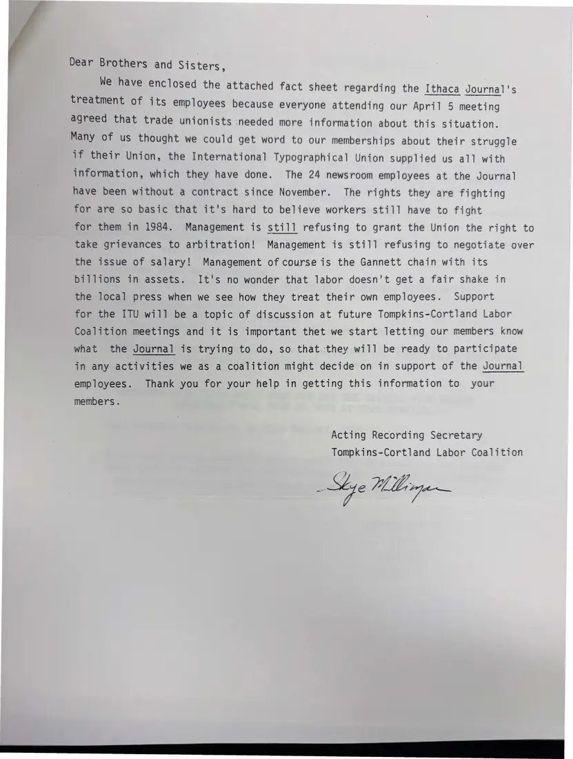 Photograph of a letter: Letter to members on the Ithaca Journal unit's fight for a contract, page 1.