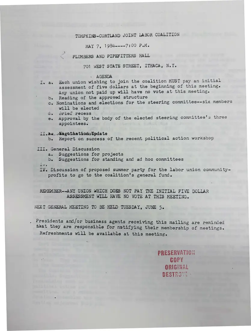 Photograph of a agenda: Agenda for the May 7, 1984 meeting, page 1.