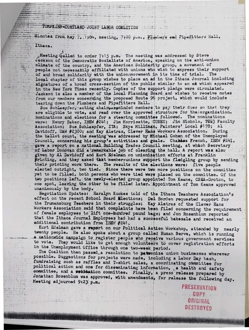 Photograph of a meeting minutes: Minutes of the May 7, 1984 meeting, page 1.