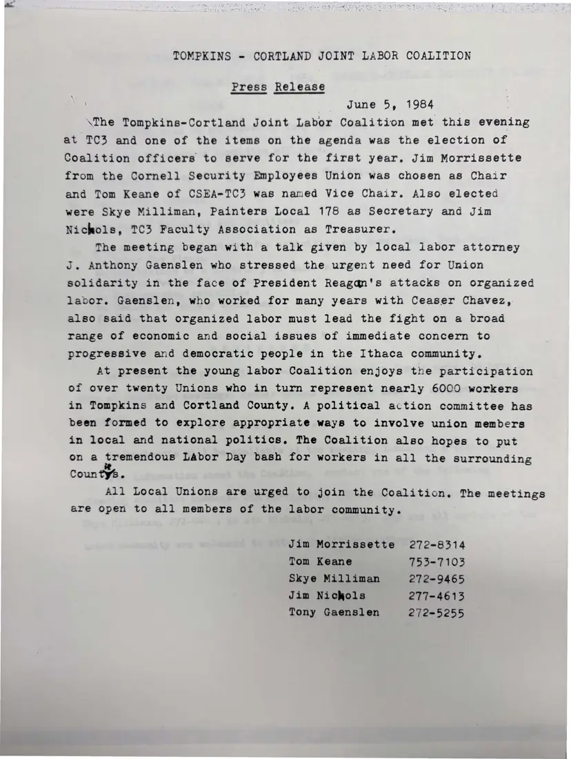 Photograph of a press release: Press release: the coalition elects its first officers, page 1.