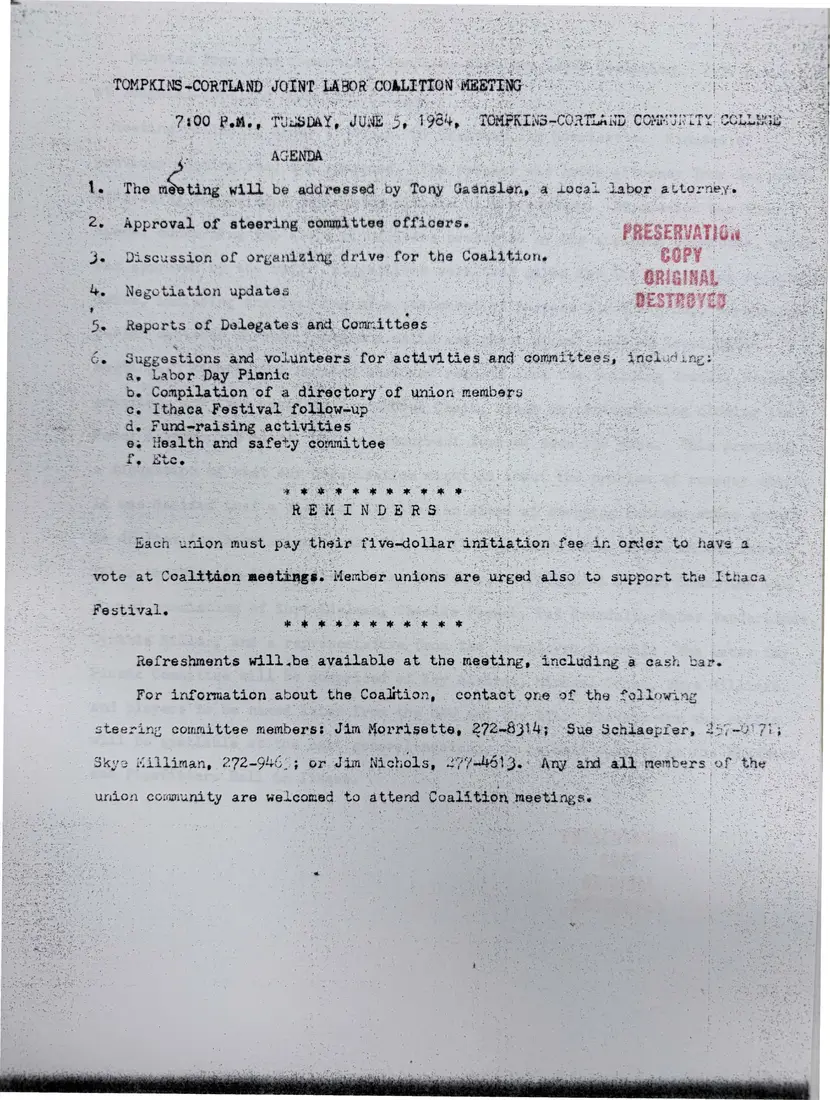 Photograph of a agenda: Agenda for the June 5, 1984 meeting at TC3, page 1.