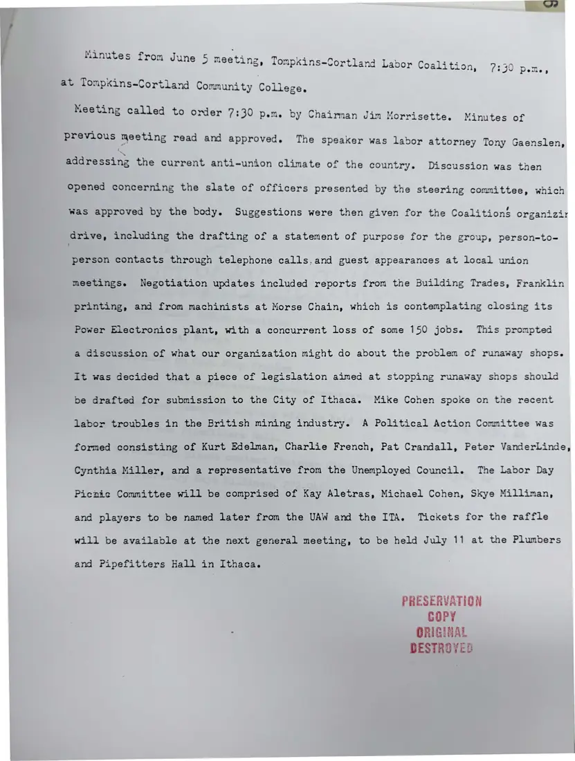 Photograph of a meeting minutes: Minutes of the June 5 meeting at TC3, page 1.