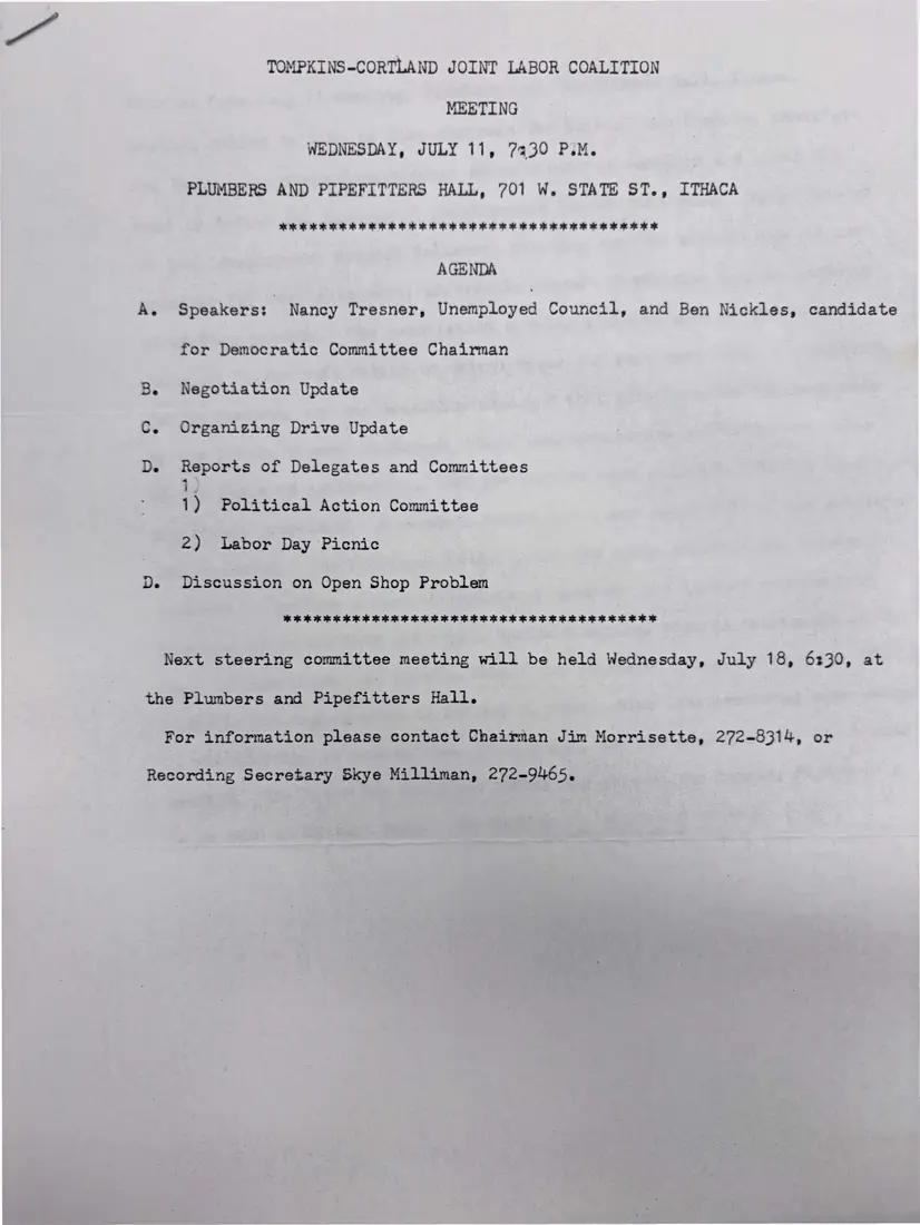 Photograph of a agenda: Agenda for the July 11 meeting, page 1.