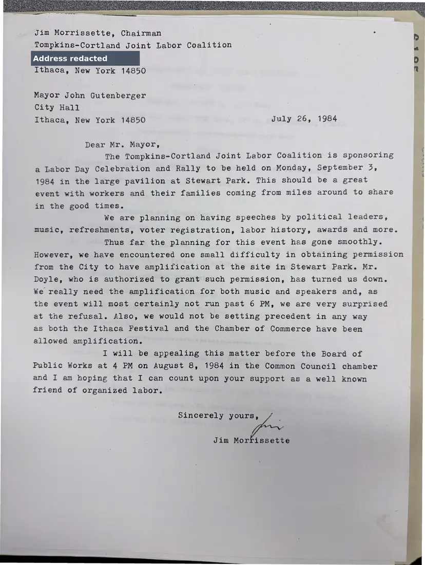 Photograph of a letter: Jim Morrissette to Mayor John Gutenberger on the first Labor Day rally, page 1.