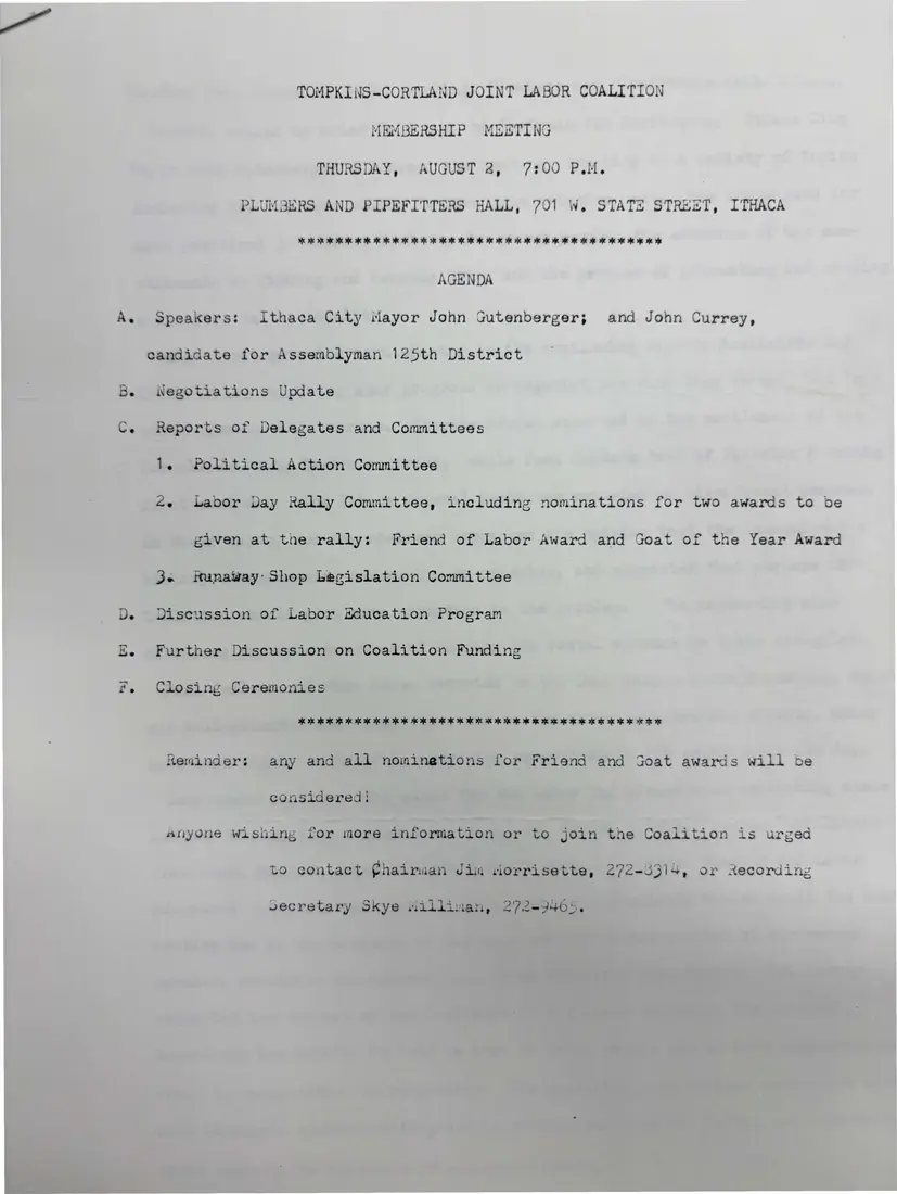 Photograph of a agenda: Agenda for the August 2, 1984 membership meeting, page 1.