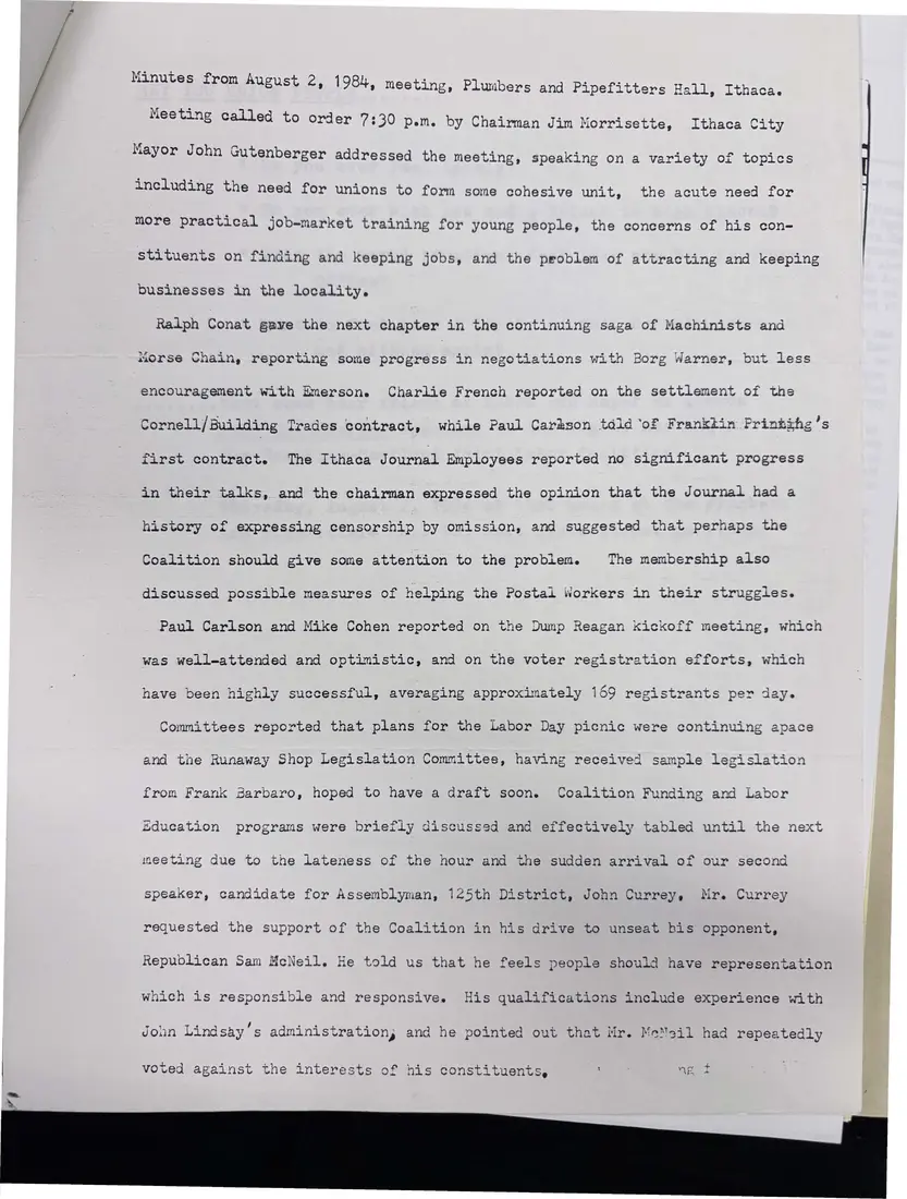 Photograph of a meeting minutes: Minutes of the August 2, 1984 meeting, page 1.