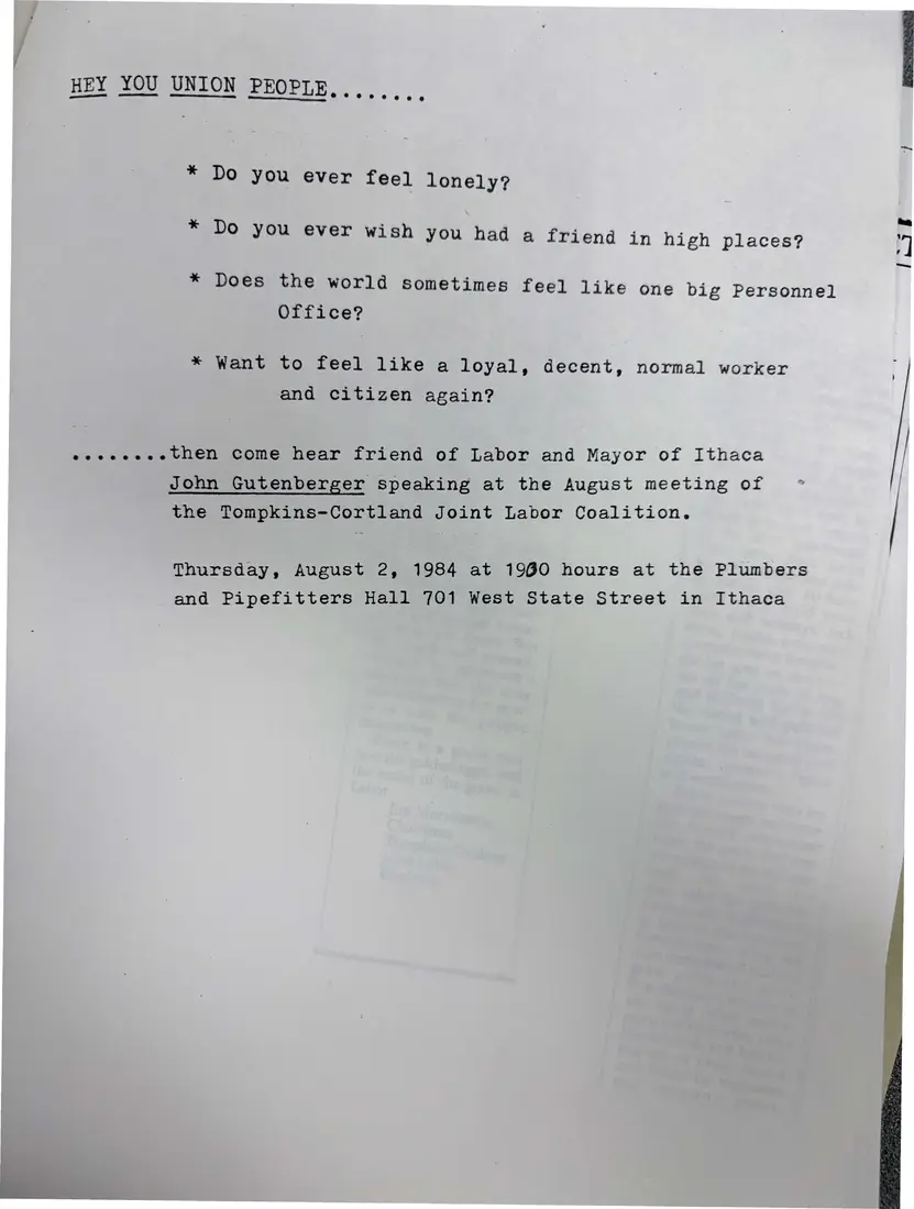 Photograph of a flyer: “Hey you union people…”: flyer for the August meeting, page 1.