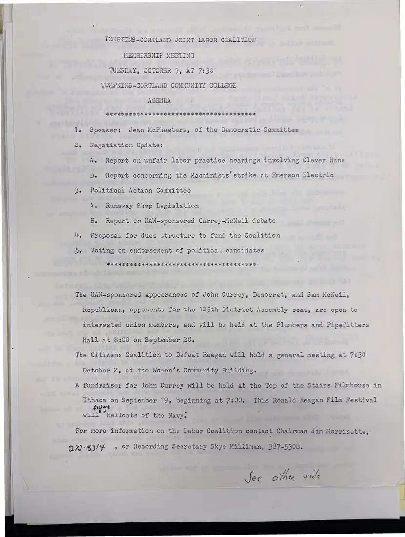 Photograph of a agenda: Agenda for the October 9 meeting at TC3, page 1.