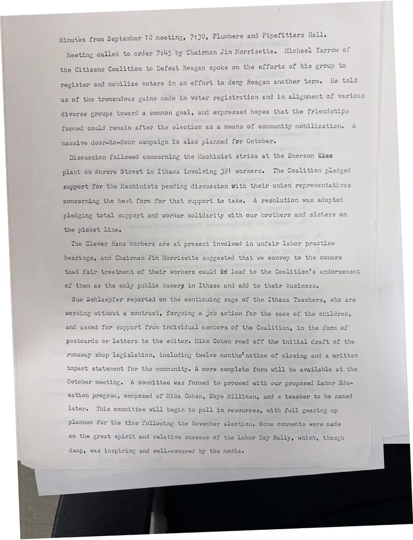 Photograph of a meeting minutes: Minutes of the September 10 meeting, page 1.