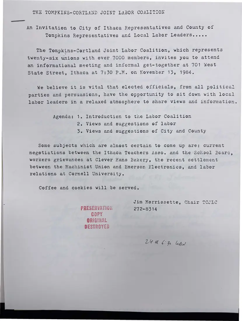 Photograph of a meeting notice: Invitation to city and county officials, November 13, 1984, with the sign-in sheet, page 1.