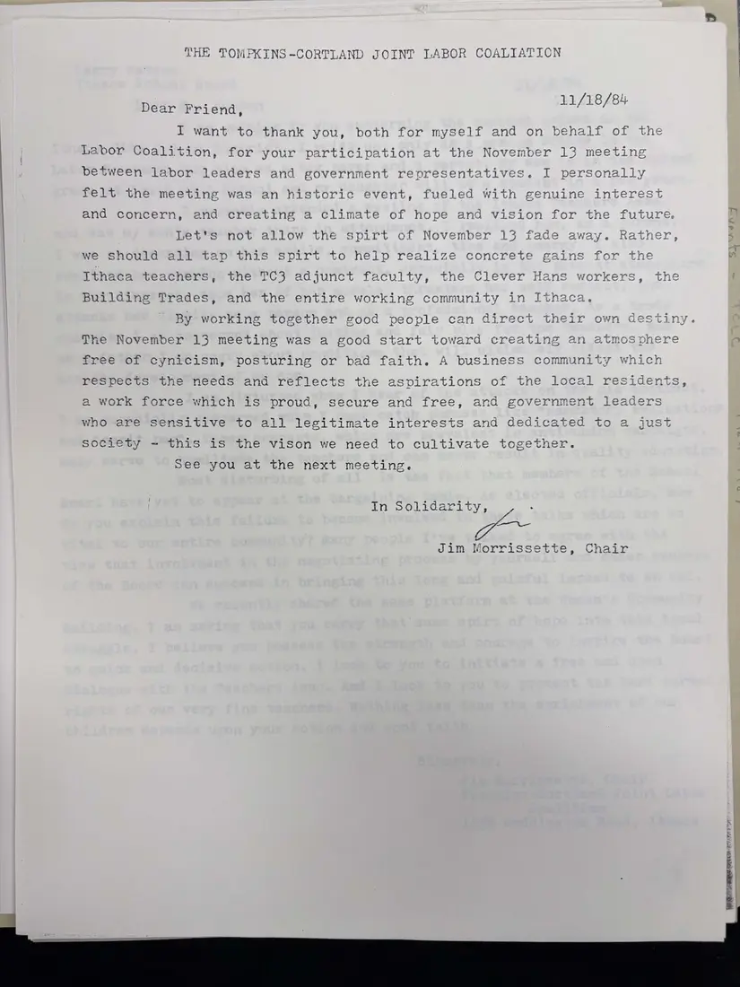 Photograph of a letter: Jim Morrissette thanks participants in the November 13 meeting, page 1.