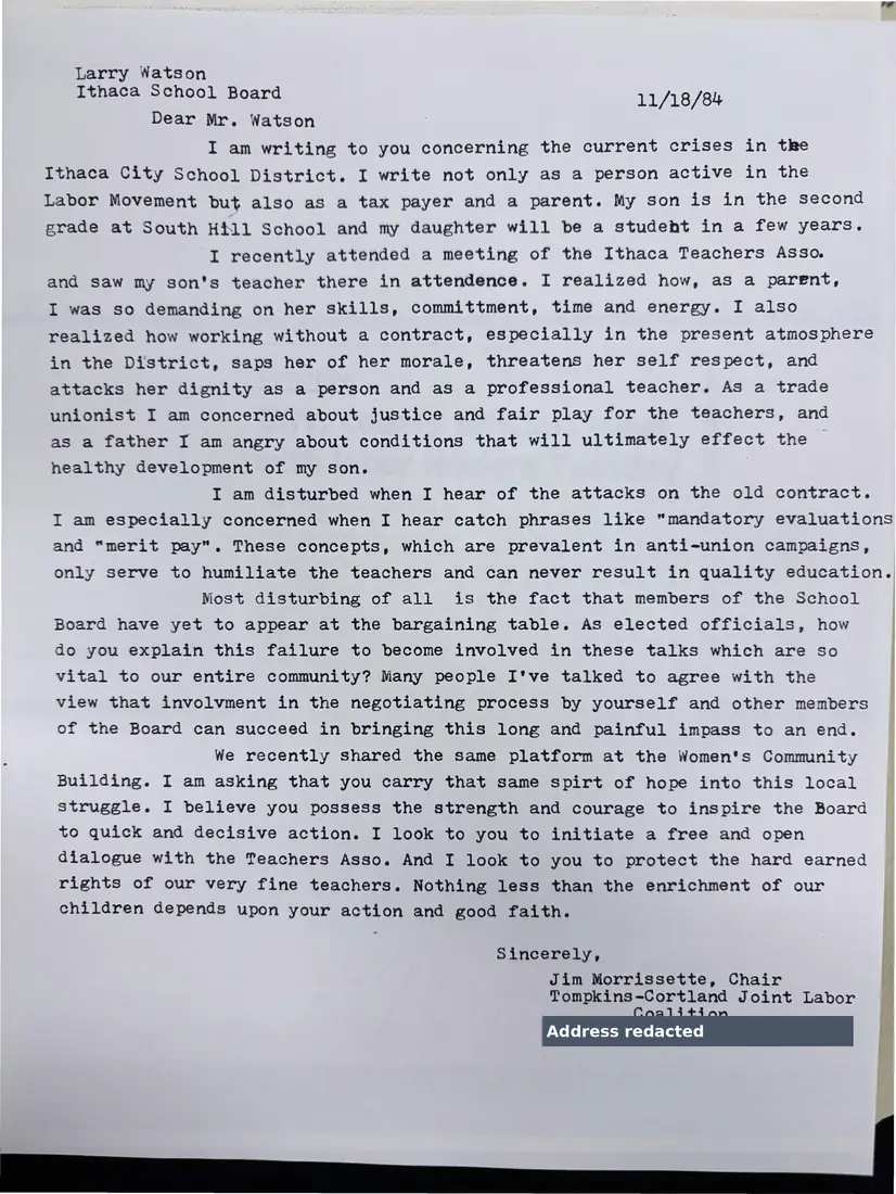 Photograph of a letter: Jim Morrissette to school board member Larry Watson on the teachers' contract, page 1.