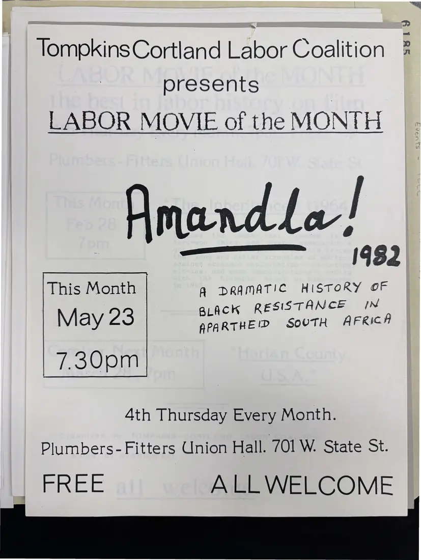 Photograph of a flyer: Labor Movie of the Month flyer: “Amandla!”, page 1.