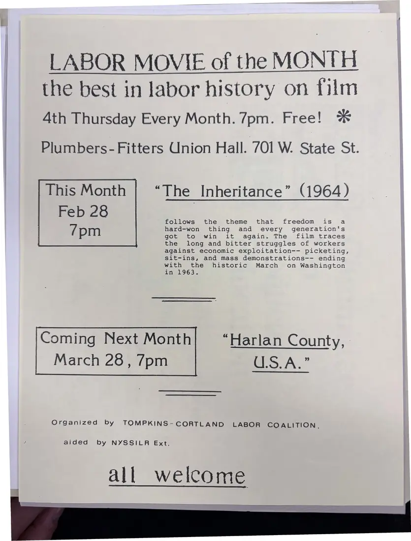 Photograph of a flyer: Labor Movie of the Month flyer: “The Inheritance” and “Harlan County, U.S.A.”, page 1.
