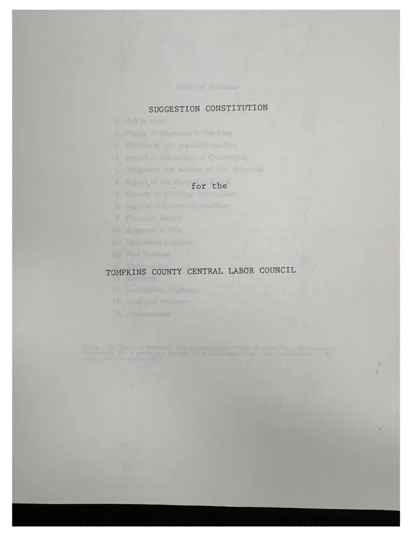 Photograph of a printed constitution: “Suggestion Constitution for the Tompkins County Central Labor Council”, page 1.