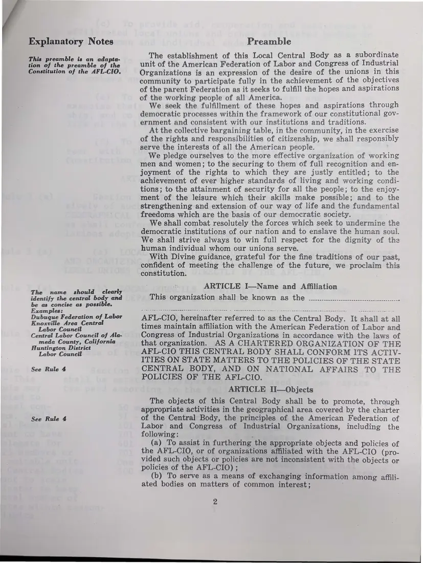 Photograph of a printed constitution: “Suggestion Constitution for the Tompkins County Central Labor Council”, page 3.