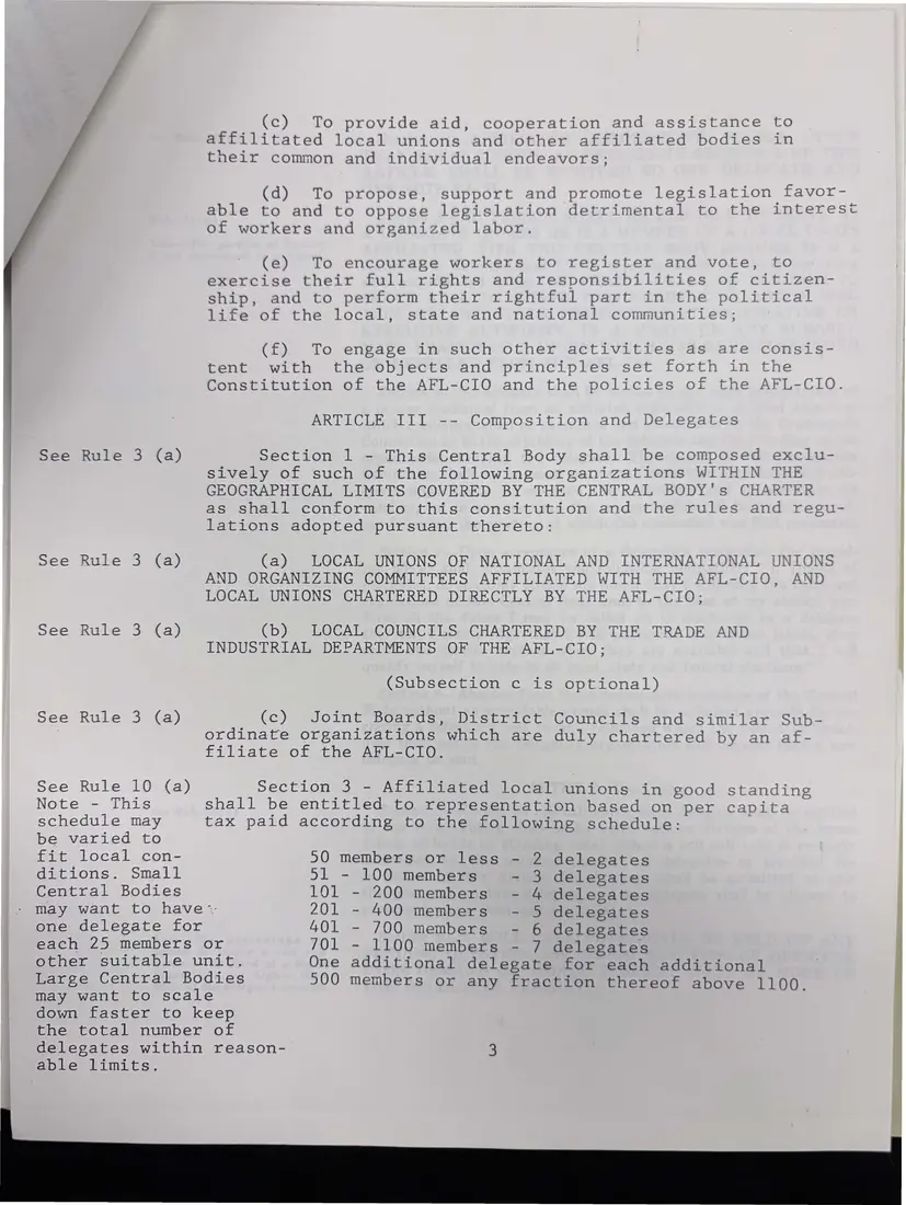 Photograph of a printed constitution: “Suggestion Constitution for the Tompkins County Central Labor Council”, page 4.