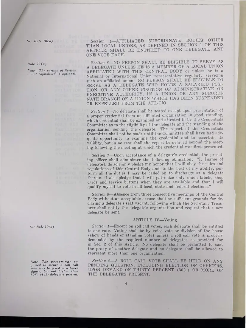 Photograph of a printed constitution: “Suggestion Constitution for the Tompkins County Central Labor Council”, page 5.