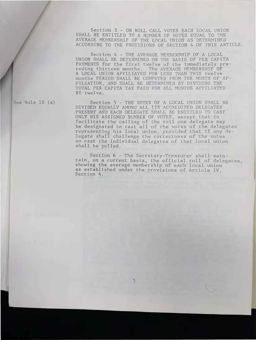 Photograph of a printed constitution: “Suggestion Constitution for the Tompkins County Central Labor Council”, page 6.