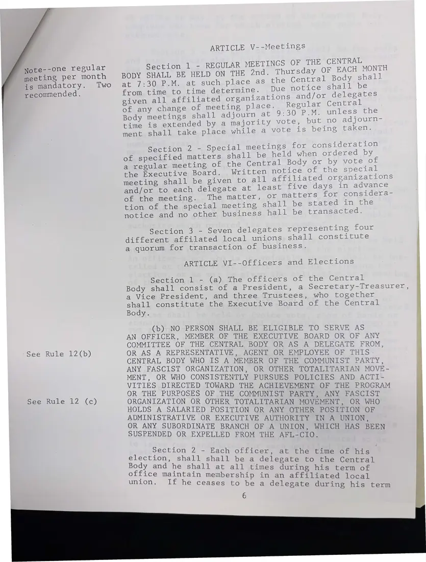 Photograph of a printed constitution: “Suggestion Constitution for the Tompkins County Central Labor Council”, page 7.