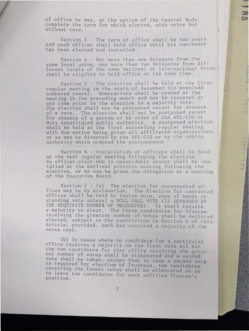 Photograph of a printed constitution: “Suggestion Constitution for the Tompkins County Central Labor Council”, page 8.