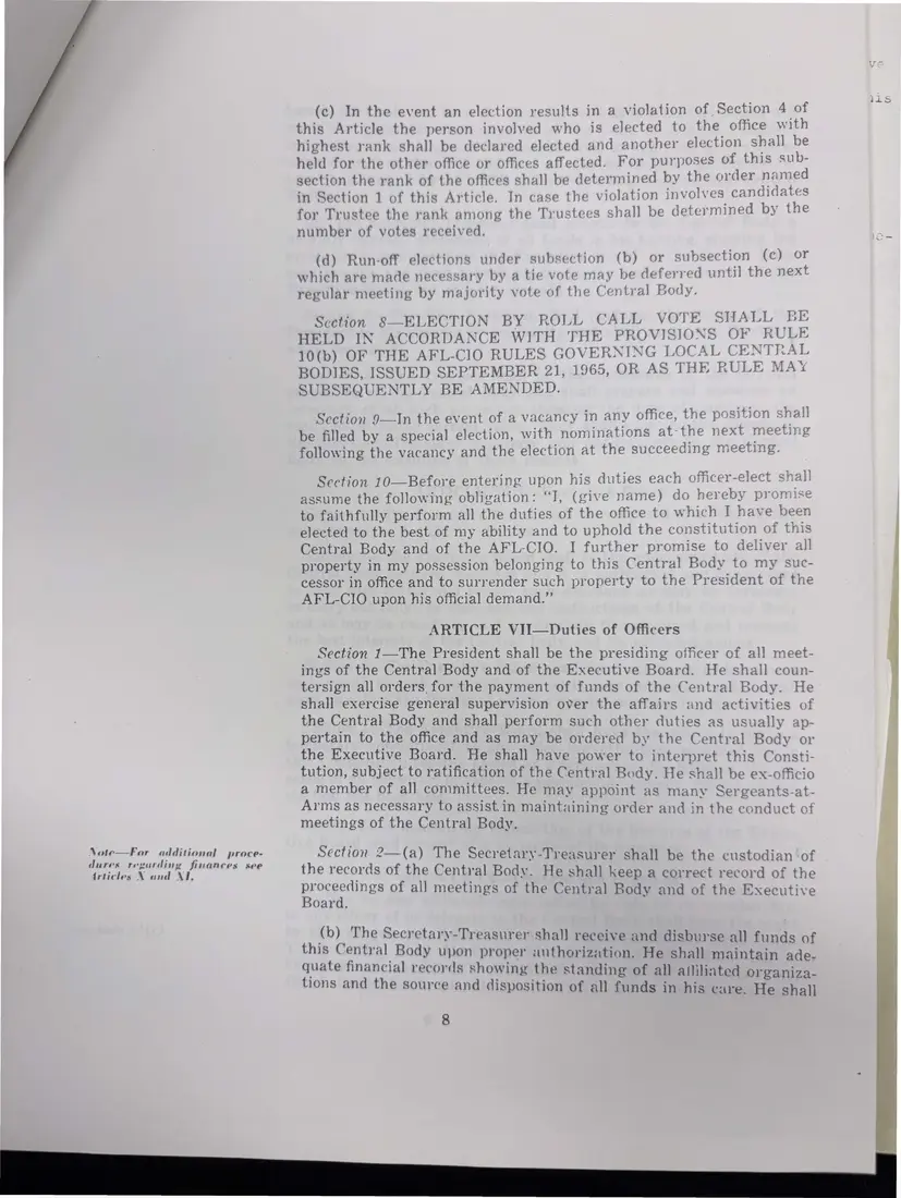 Photograph of a printed constitution: “Suggestion Constitution for the Tompkins County Central Labor Council”, page 9.