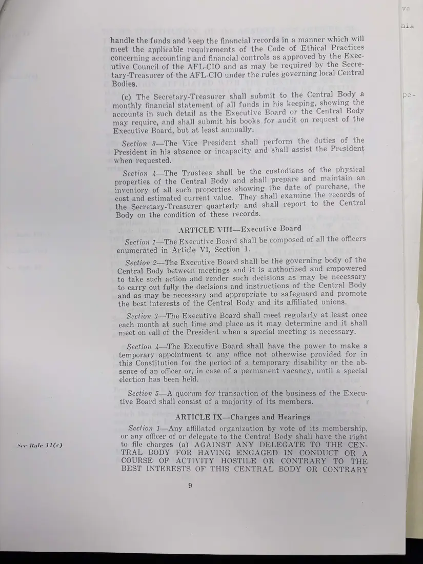 Photograph of a printed constitution: “Suggestion Constitution for the Tompkins County Central Labor Council”, page 10.