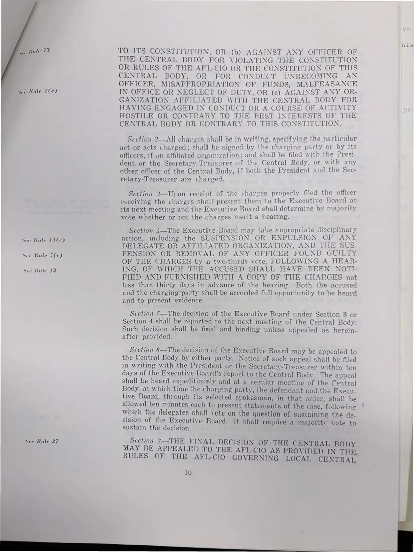Photograph of a printed constitution: “Suggestion Constitution for the Tompkins County Central Labor Council”, page 11.