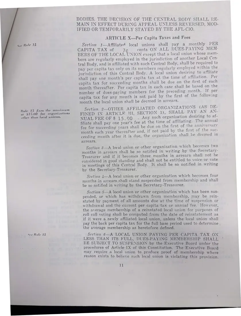Photograph of a printed constitution: “Suggestion Constitution for the Tompkins County Central Labor Council”, page 12.