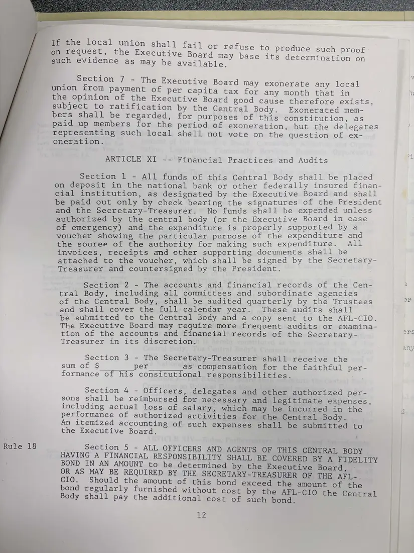 Photograph of a printed constitution: “Suggestion Constitution for the Tompkins County Central Labor Council”, page 13.