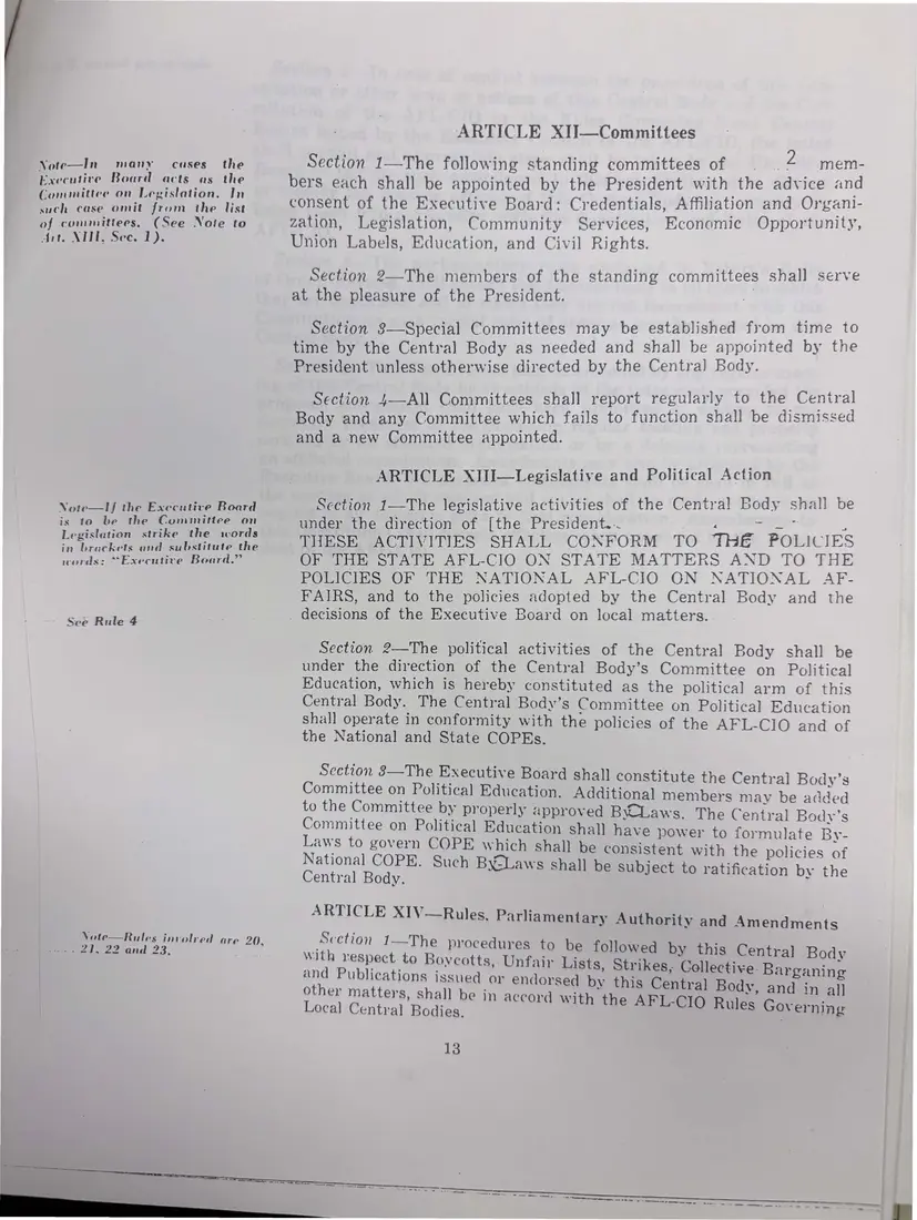 Photograph of a printed constitution: “Suggestion Constitution for the Tompkins County Central Labor Council”, page 14.