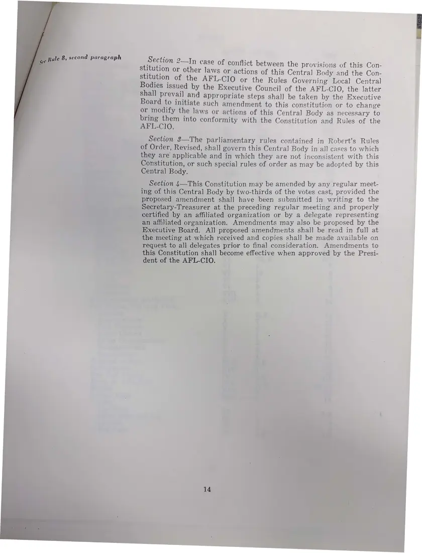 Photograph of a printed constitution: “Suggestion Constitution for the Tompkins County Central Labor Council”, page 15.