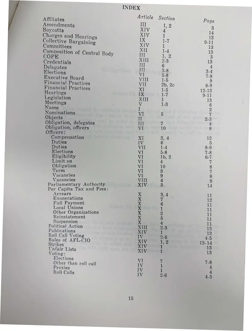 Photograph of a printed constitution: “Suggestion Constitution for the Tompkins County Central Labor Council”, page 16.
