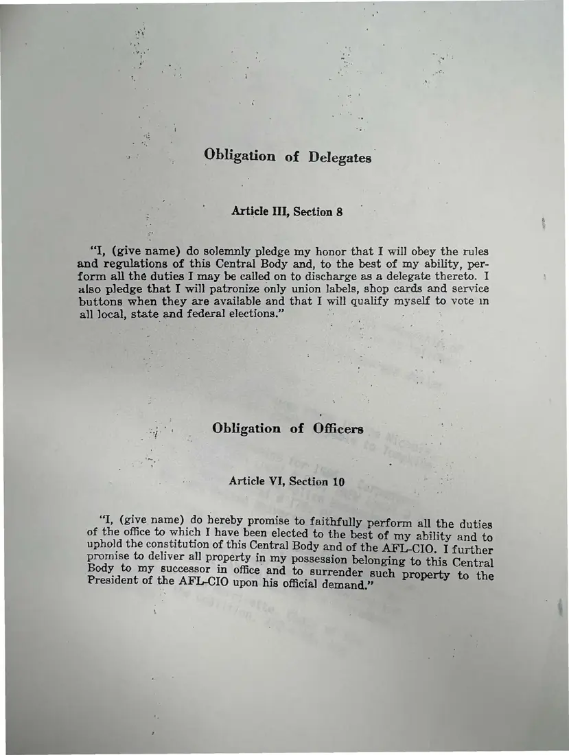 Photograph of a printed constitution: “Suggestion Constitution for the Tompkins County Central Labor Council”, page 17.