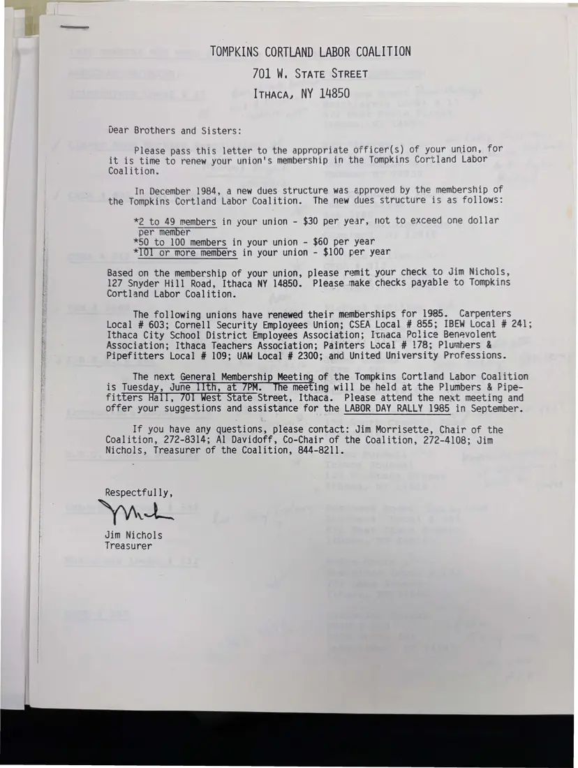 Photograph of a letter: Treasurer's letter on the new 1985 dues structure, page 1.